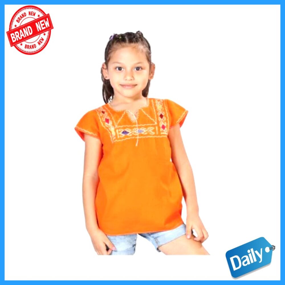 Girls Artisanal Embroidered Cotton Blouse Short Sleeve Classic Fit